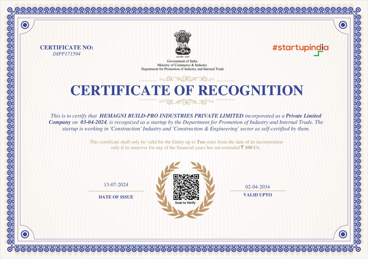 Startup India Recognition Certificate - DPIIT, Government of India - Hemagni Build Pro
